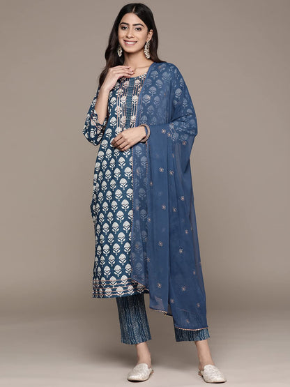 anubhutee Women's Cotton Blue Gota Patti Floral Printed Straight Kurta Suit Set with Pants and Dupatta