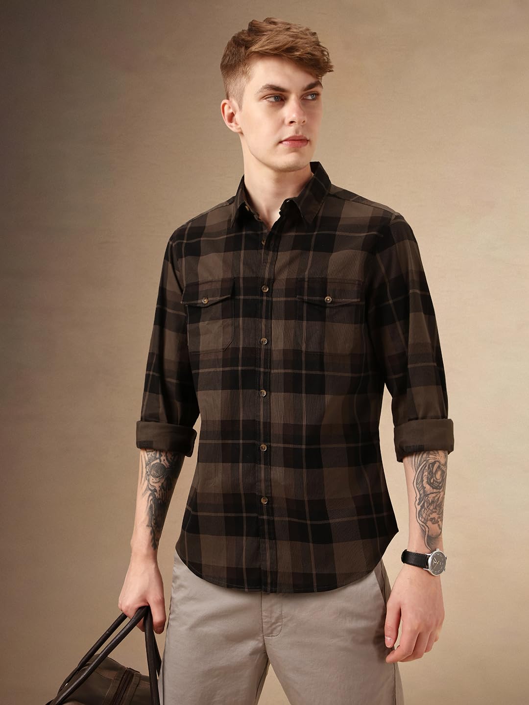Dennis Lingo Men Brown 100% Cotton Full Sleeve Spread Collar Checks Shirts