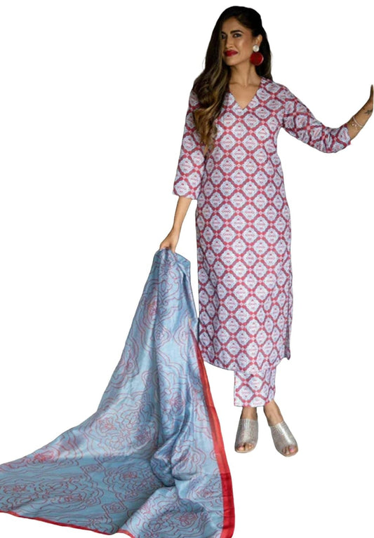 Yashika Women's Latest Printed Cotton Blend Straight Kurta Pant With Dupatta
