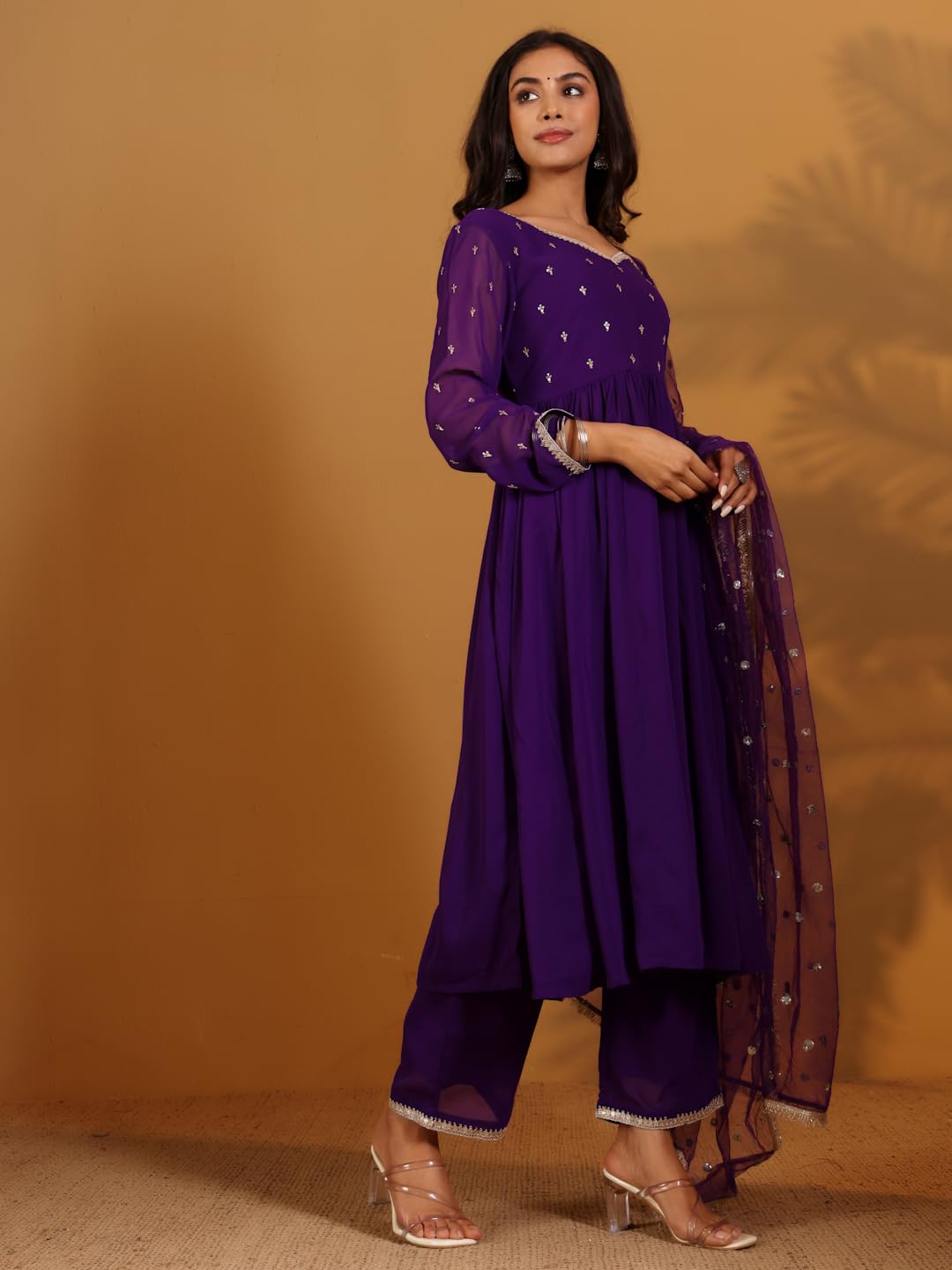Varanga Zari & Sequin Embroidered Flared Kurta With Bottom And Dupatta Purple