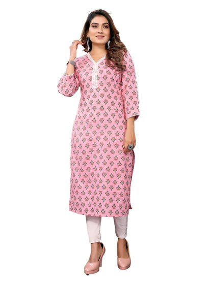 rangita Pink Cotton Calf Length Embroidered Straight Kurti | Kurta for Women