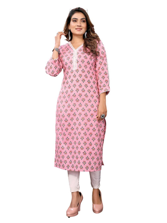 rangita Pink Cotton Calf Length Embroidered Straight Kurti | Kurta for Women