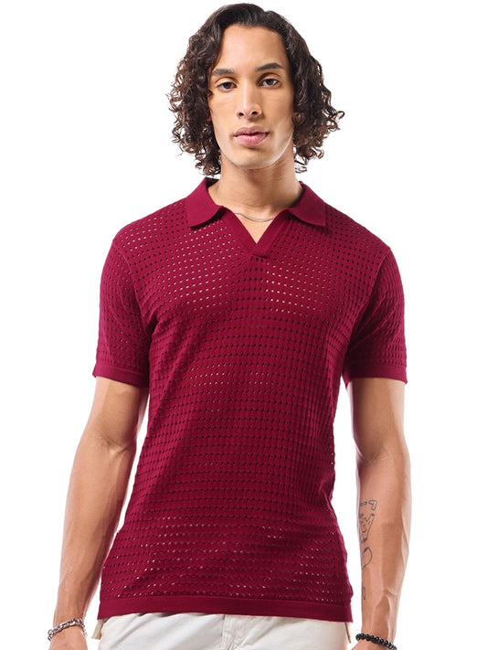 Bewakoof MenS Textured Regular Fit Half Sleeve Polo Neck Cotton T-Shirt_633519_Maroon_S