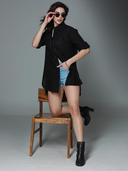 High Star WomenS Solid Oversized Fit Shirt (Hswshs2405_Black