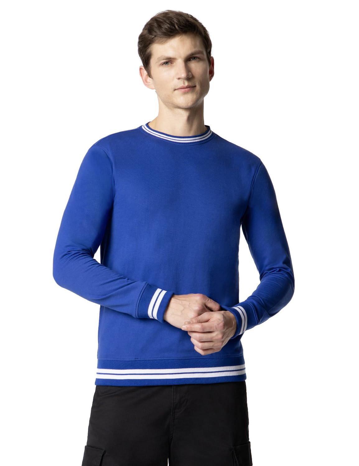 FYLTR Mens Crewneck Sweatshirt with Stripe Rib Detail - Full Sleeve | Utility Pockets | Casual Winterwear for Men