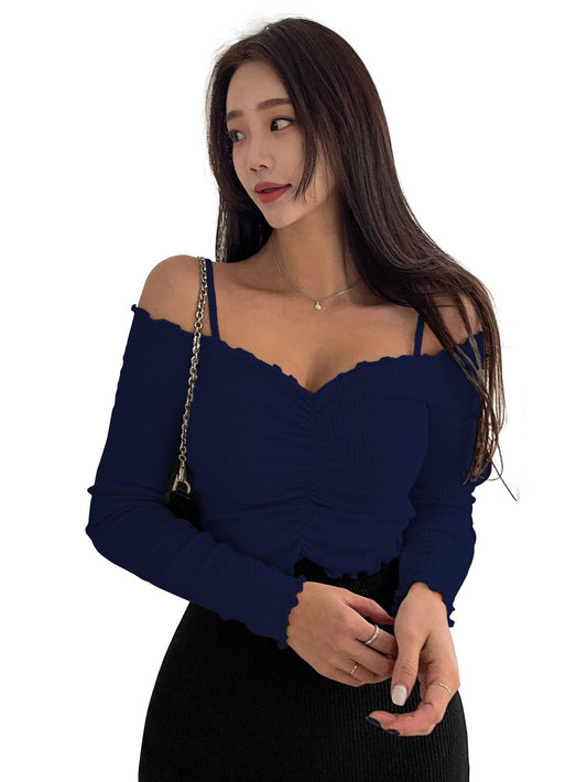 Sugathari Womens Navy Blue Solid Colour Open Cold Off Shoulder Long Sleeve Lettuce Hem Casual Autumn Trim Tight- Slim Fitting R