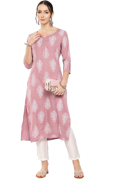 anubhutee Women's Cotton Ethnic Motifs Pink Straight Kurta
