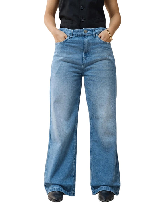 Bewakoof Women Mid Rise Solid Wide Leg Cotton Baggy Jeans_625175_Blue_30