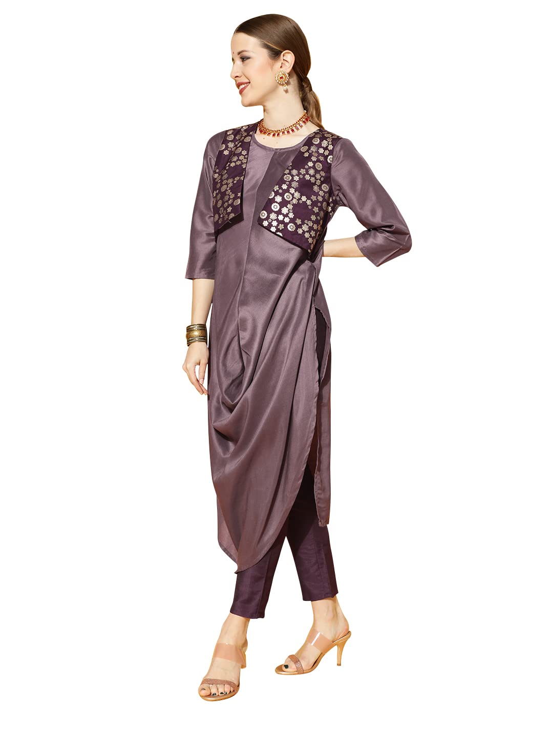 ZIYAA Women's Purple Chinon Flared Kurta And Pant Set(ZIKUCH3729ANDPA)