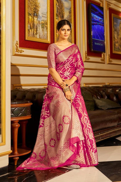 Madhuhansh Womens Organza Plain Saree With Patola Printed Solid Pattern 6 Yard Length And Unstitched Blouse Piece