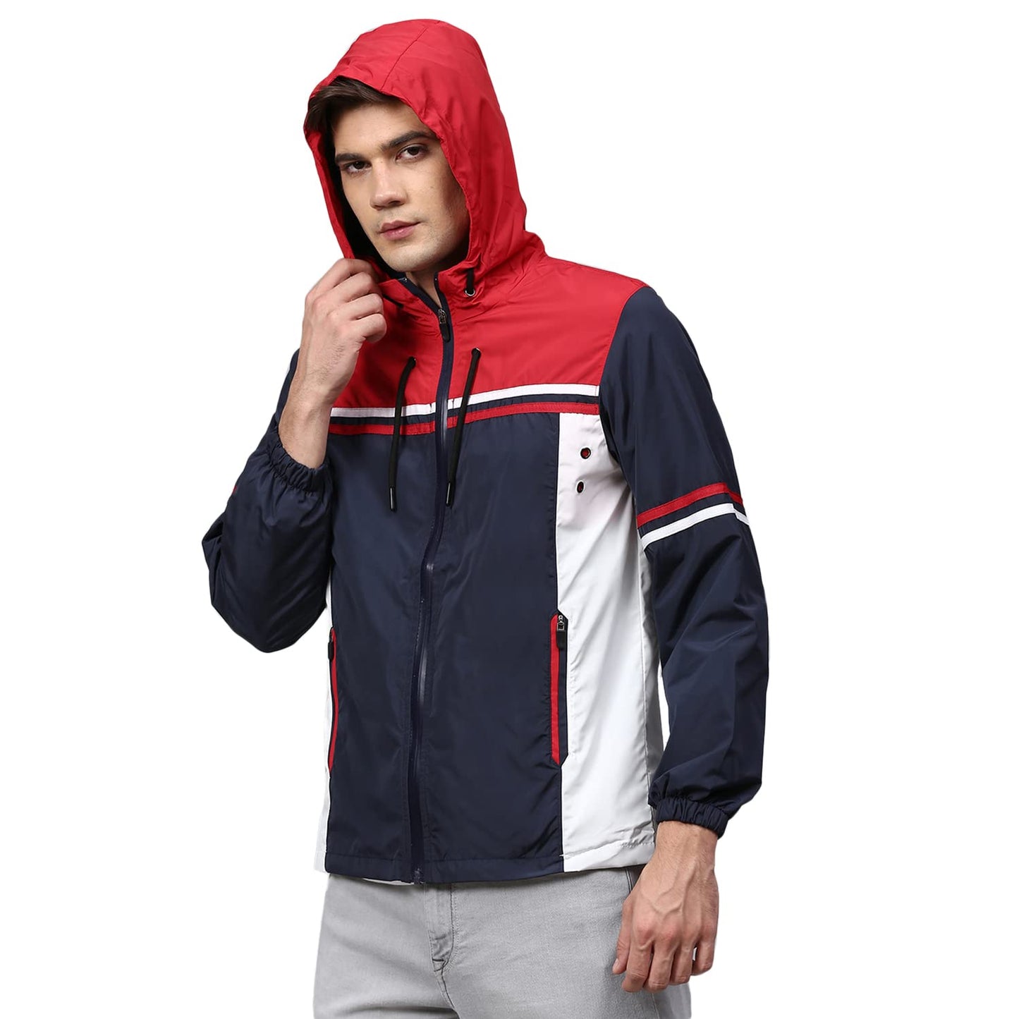 Campus Sutra Men Blue Colourblocked Windcheater Padded Hooded Jacket