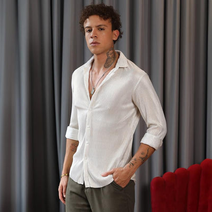 Campus Sutra Mens Daisy White Metallic Pleated Shirt | Casual Wear | Spread Collar | Long Sleeve | Button Closure | Shirt Craft