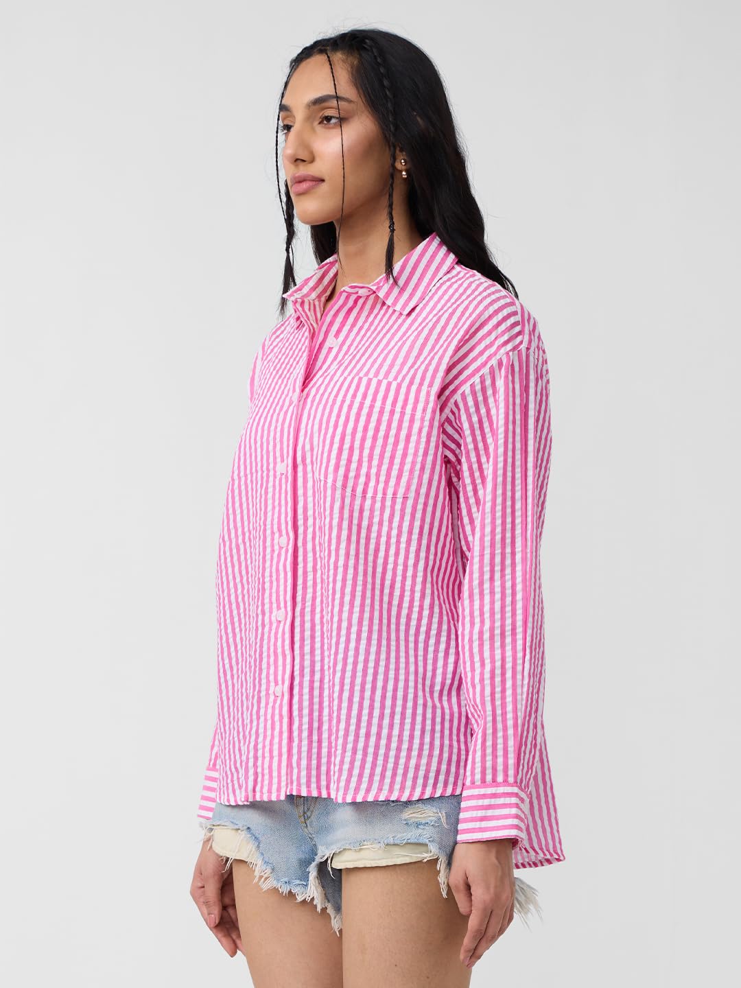 The Souled Store Stripe Shirt: Rose Women and Girls Long Sleeves Collared Neck Button Front Pink and White Cotton Boyfriend Shir