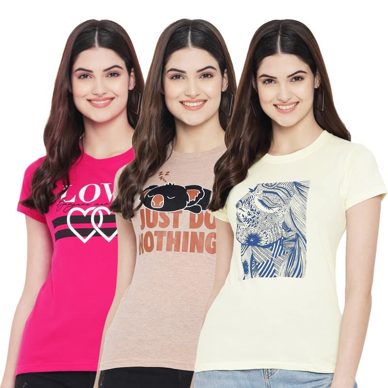 Preneum Womens Cotton Regular Fit Latest Graphic Stylish Printed Short Sleeves Casual T-Shirt || Trendy & Styling (Pack 3), Pin