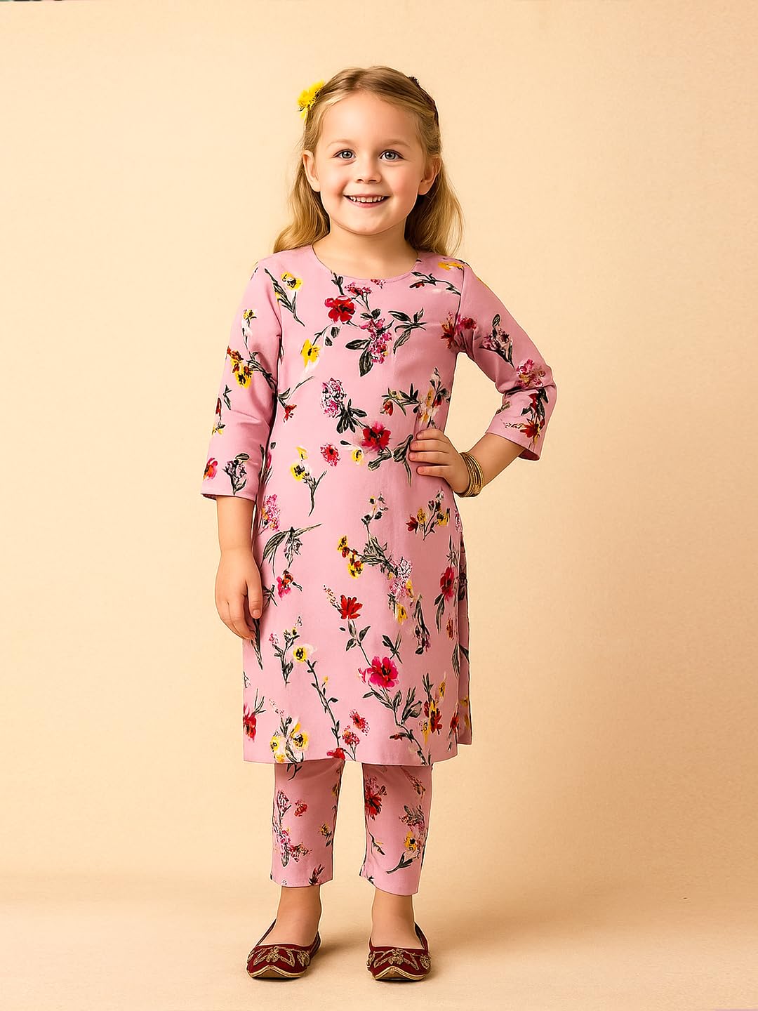 A.T.U.N. (ALL THINGS UBER NICE) Girls Floral Printed 3/4 Sleeve Kurti and Pant Set | Stylish Traditional Ethnic Wear Salwar Suit
