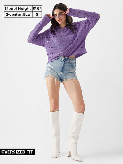 The Souled Store Solids: Periwinkle Women and Girls Long Sleeve Round Neck Acrylic Oversized Fit Sweaters
