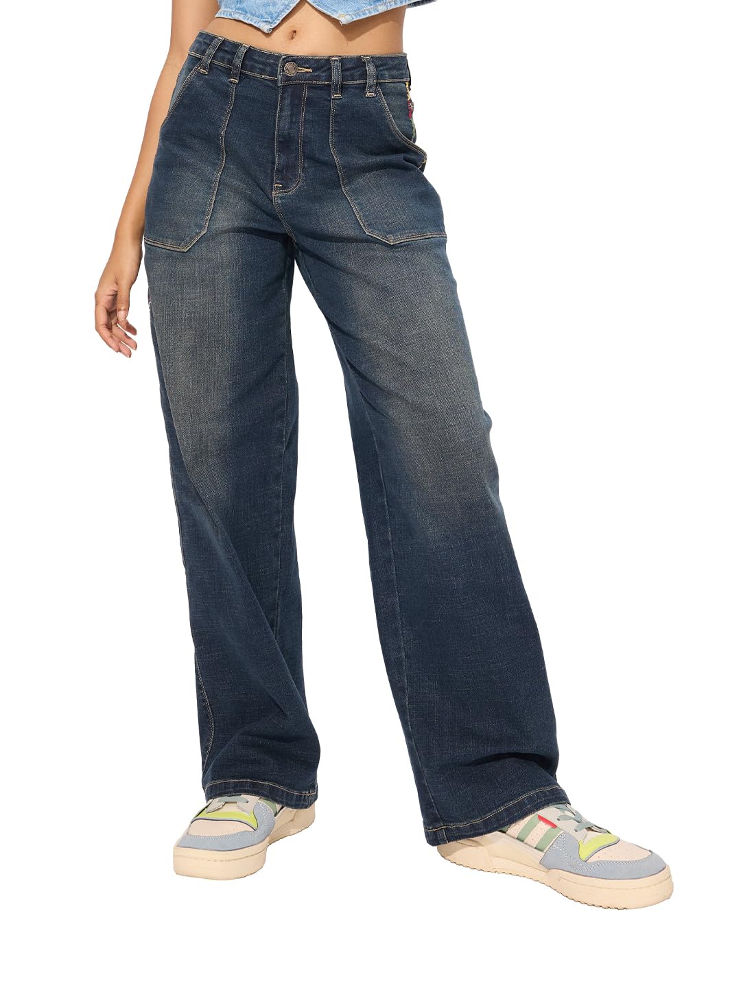 The Souled Store Denim: Vintage Blue Women and Girls Buttoned Cotton Blend Baggy Fit Jeans