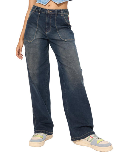 The Souled Store Denim: Vintage Blue Women and Girls Buttoned Cotton Blend Baggy Fit Jeans