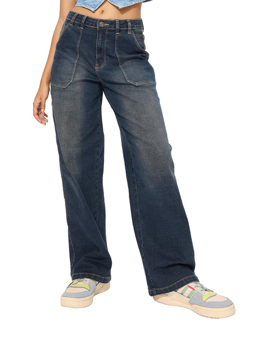 The Souled Store Denim: Vintage Blue Women and Girls Buttoned Cotton Blend Baggy Fit Jeans