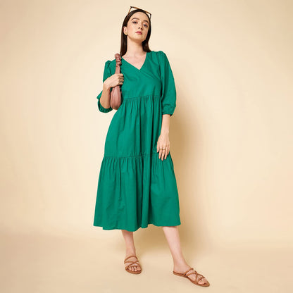 High Star Women's Cotton Pleated Maxi Dresses (HSWDRS23005_GN_Green)