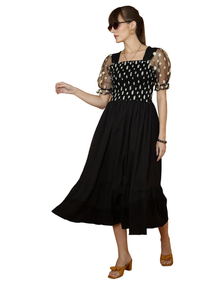 Sheetal Associates WomenS Casual Puff Sleeves Crepe Floral Fit And Flare Dress Black