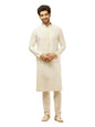 Manyavar Mens Warm White Blended Viscose Embroidered Kurta Pyjama Set