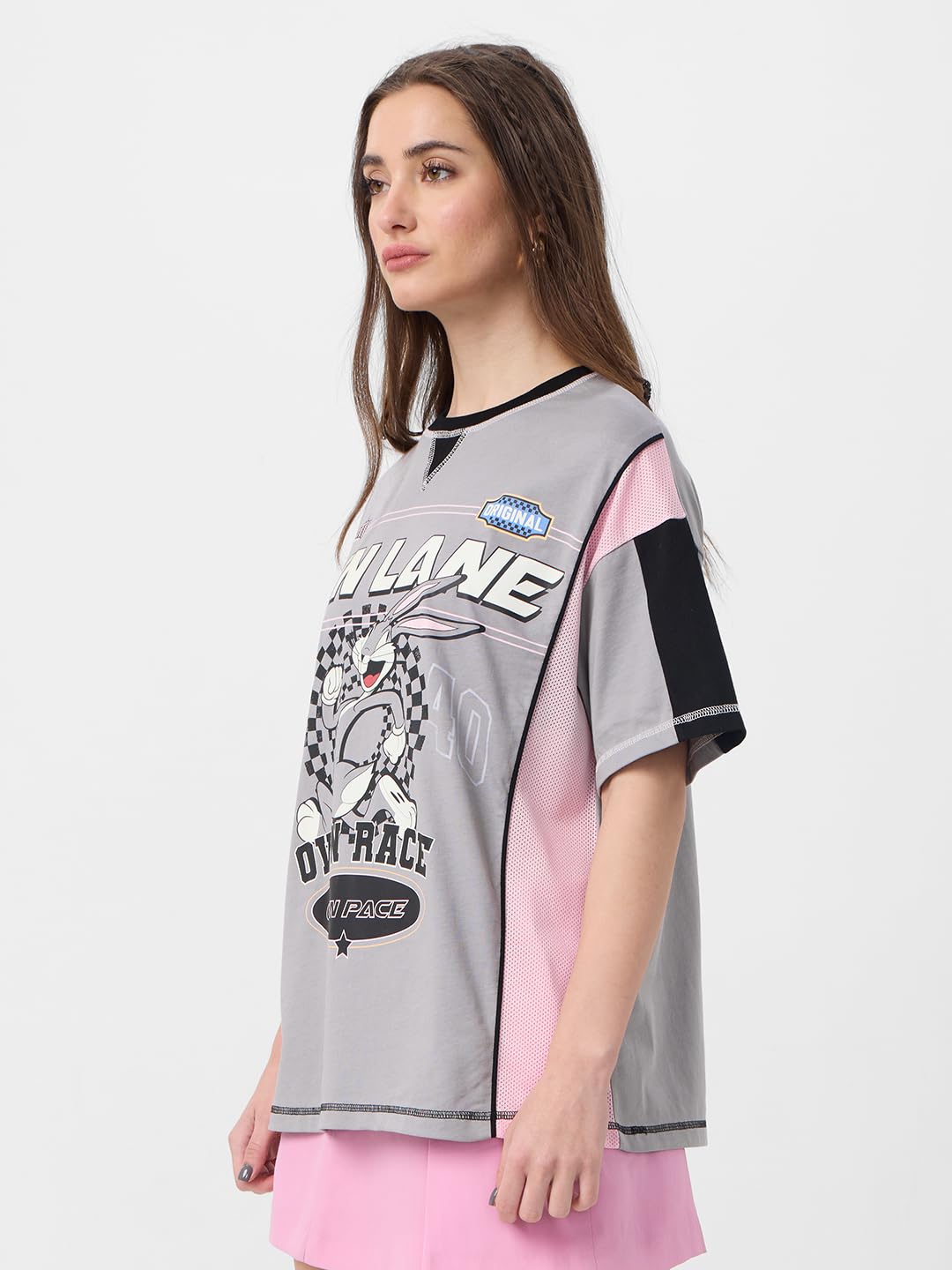 The Souled Store Bugs Bunny: Own Lane Women and Girls Short Sleeves Round Neck Grey Graphic Printed Cotton Oversized T-Shirts