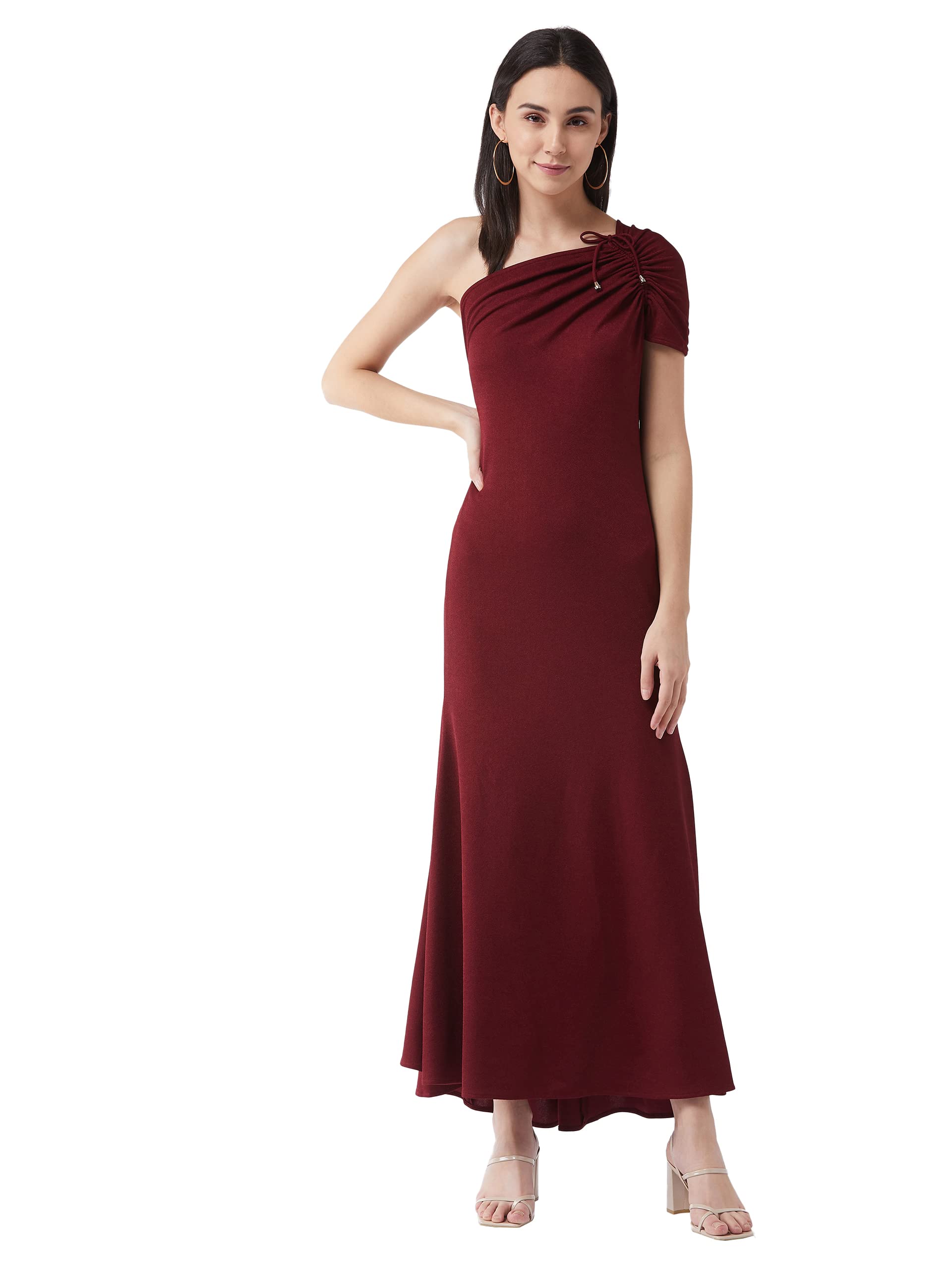 Miss Chase WomenS Maroon One-Shoulder Half Sleeve Solid Ruching Maxi Dress(Mcaw21D13-39-143-05,Maroon,L)