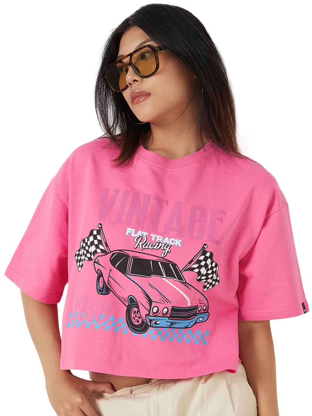 Bewakoof Heavy Duty 1.0 Womens Graphic Print Oversized Fit Half Sleeve Round Neck Terry Top_654751_Pink_XL