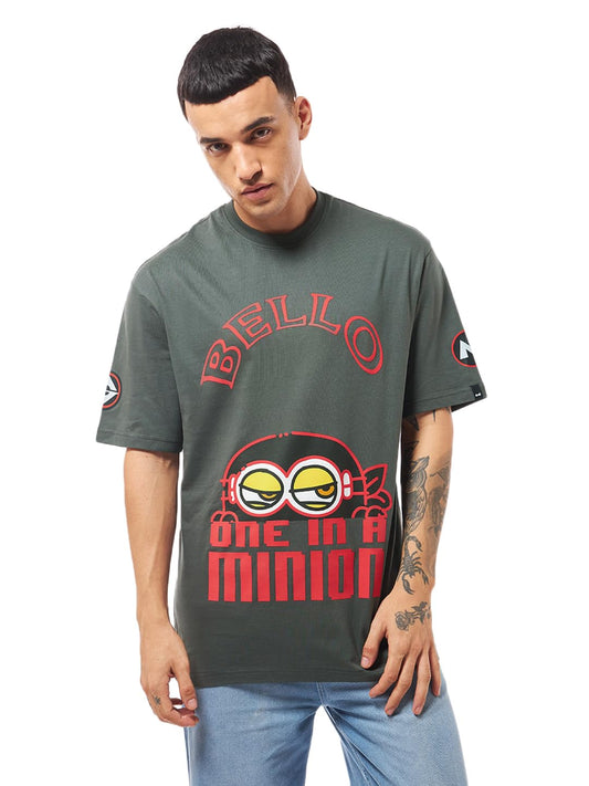 Bewakoof Official Minions Merchandise Mens Graphic Printed Oversized Fit Half Sleeve Round Neck Cotton Jersey T-Shirt_642118_Gr