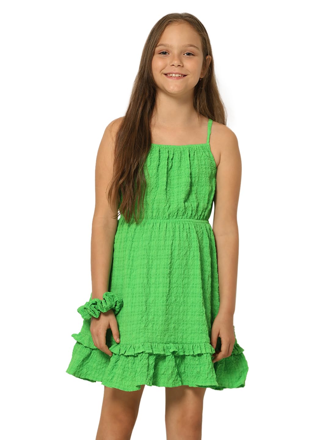 Vero Moda Girls Solid Polyester Blend Green Above Knee Length Fit & Flare Dress