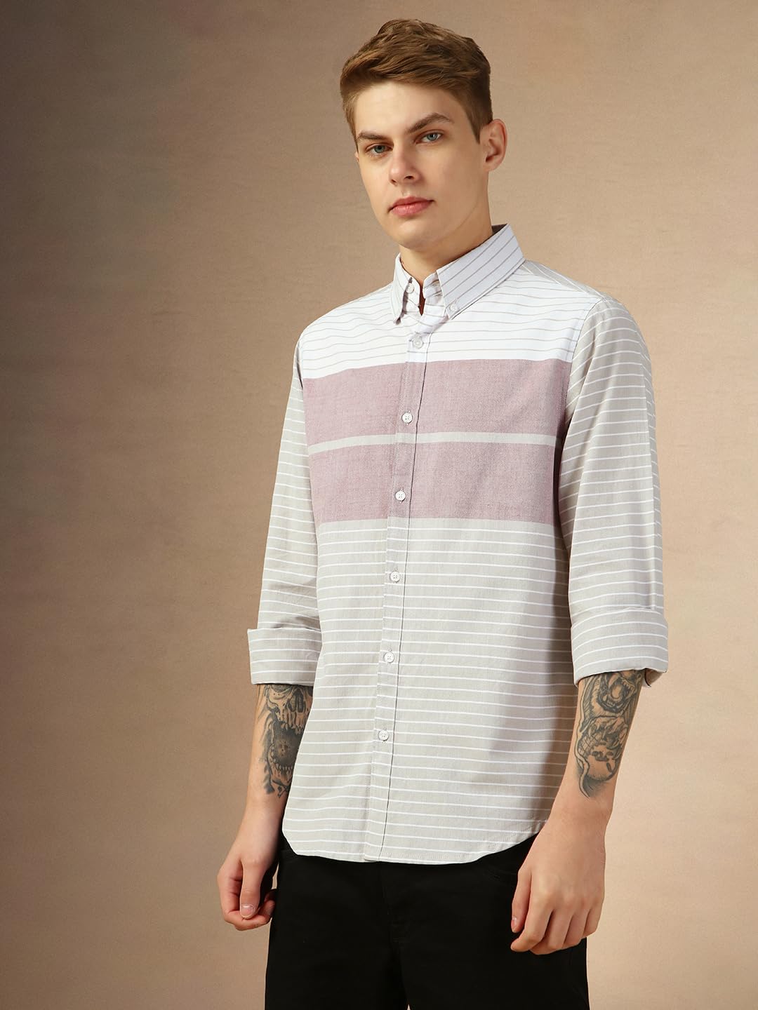Dennis Lingo Men Maroon Stripes Regular Fit Full Sleeve Button Down Collar Shirts