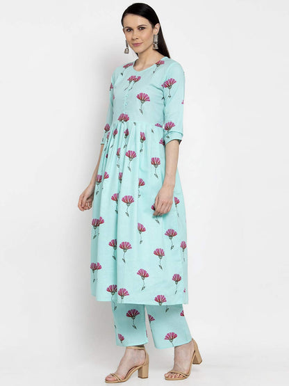ANNI DESIGNER Women's Sea Green Cotton Anarkali Kurta with Plazzo (SARA SEA Green)