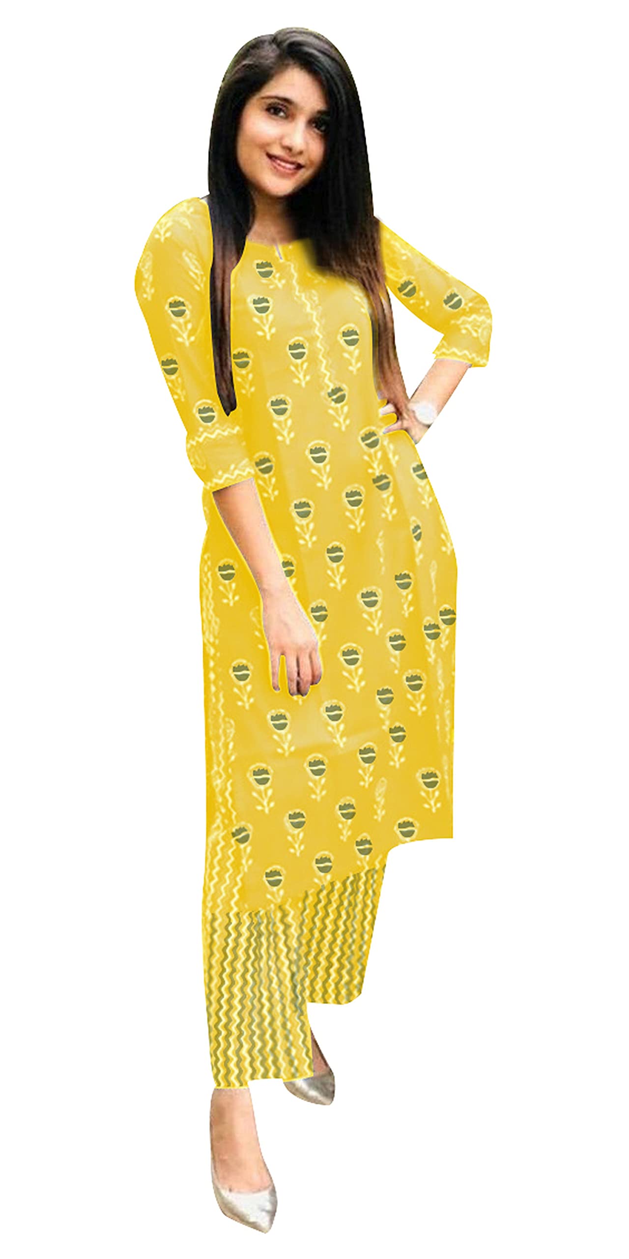 ANNI DESIGNER Womens Pure Cotton Flower Print Kurta with Palazzo (Yellow Flower_XL_Yellow_X-Large)