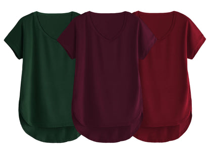 Fabricorn Combo Of Three Plain Maroon, Bottle Green And Wine V-Neck Up And Down Cotton Tshirt For Women (Maroon, Bottle Green, W