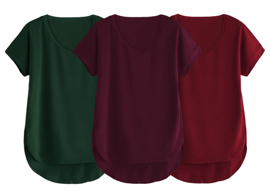 Fabricorn Combo Of Three Plain Maroon, Bottle Green And Wine V-Neck Up And Down Cotton Tshirt For Women (Maroon, Bottle Green, W