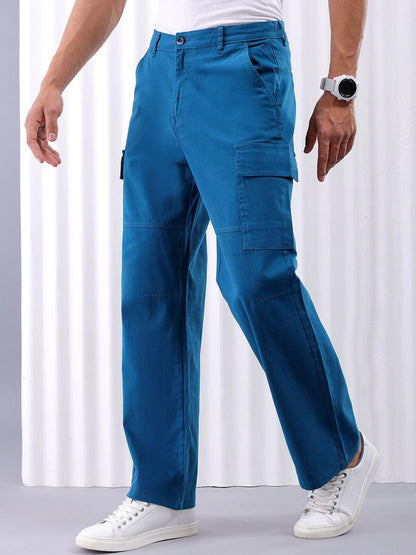 The Indian Garage Co Men Relaxed Fit Solid Mid-Rise Stretchable Cargos Denim Blue