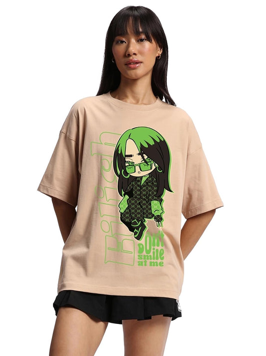 Bewakoof Womens Graphic Printed Oversized Fit Half Sleeve Round Neck Cotton Jersey T-Shirt_ 625104 Brown S