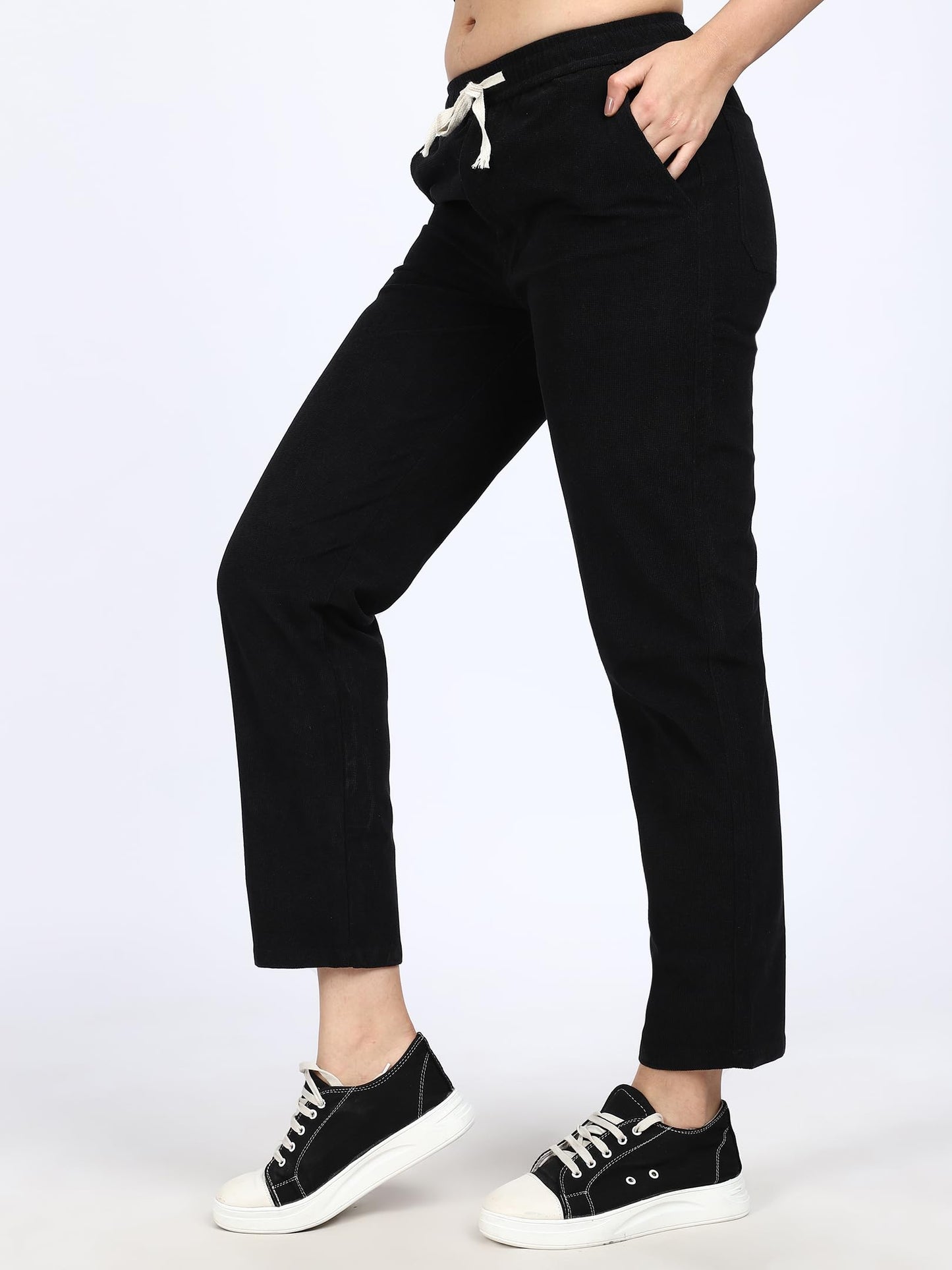 Shasmi Womens Black Front Tie Loose Fit Corduroy Baggy Long Slacks Chino Pants with Slant Pocket Simple Casual Trousers, Going