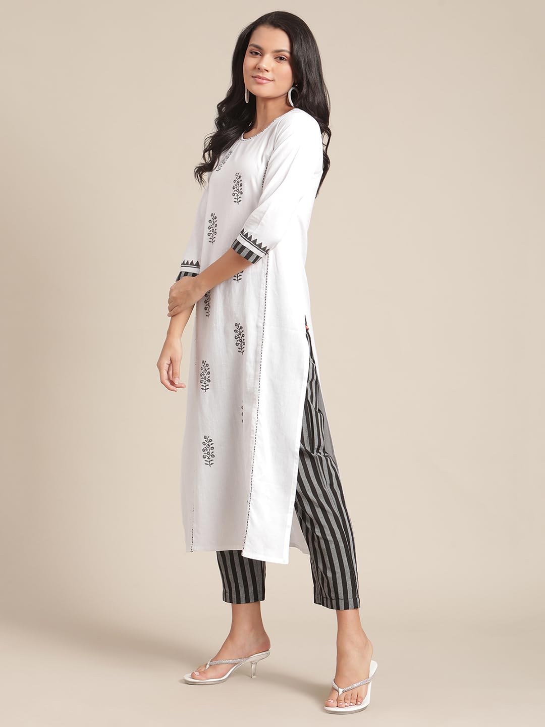 Varanga Women White And Black Floral Block Printed And Handwork Detailed Kurta Trouser Set.