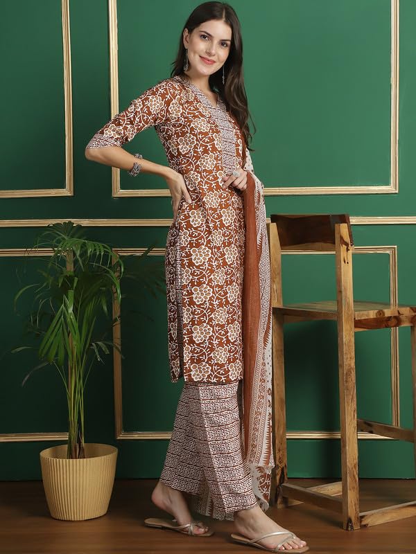 Pinkmint Salwar Suit Set For Women Flower Printed Halter V Neck Kurta With Trouser With Dupatta Ready To Wear Wedding