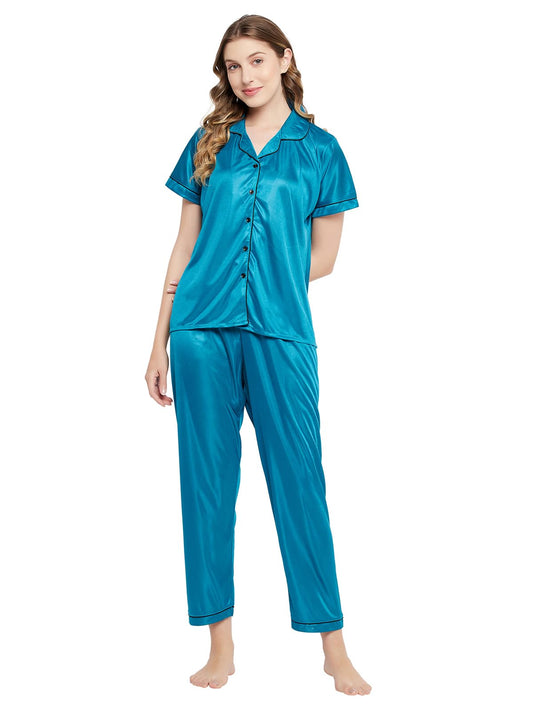 Clovia Womens Crepe Chic Basic Button Down Shirt & Pyjama Set (LS0385D36_Teal_S)