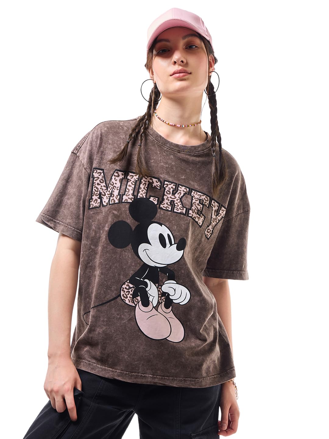 Bewakoof Official Disney Merchandise Mickey Womens Graphic Print Oversized Fit Half Sleeve Round Neck Cotton T-Shirt_627764_Bro