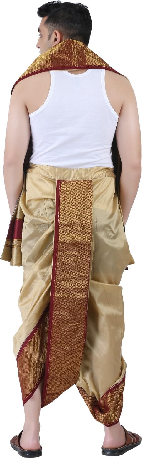 PRAKASAM COTTON Mens Asha Silk Panchakacham Ready to wear dhoti towel set with pocket panjakejam dhoti with pocket readymade dho