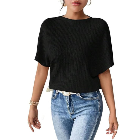 Trillmixa WomanS Waffle T Shirt With Round Neck Half Sleeves Solid Pattern Cutaway Collar Regular Fit And Standard Length Black