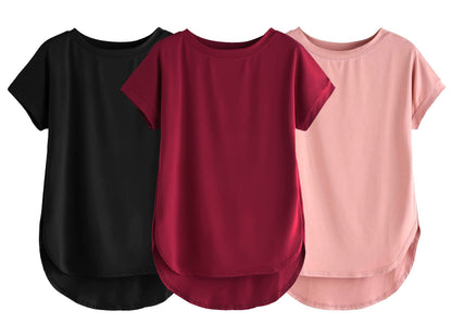 Fabricorn Combo Of Three Plain Maroon, Black And Dusty Rose Round Neck Up And Down Cotton Tshirt For Women (Maroon, Black, Dusty