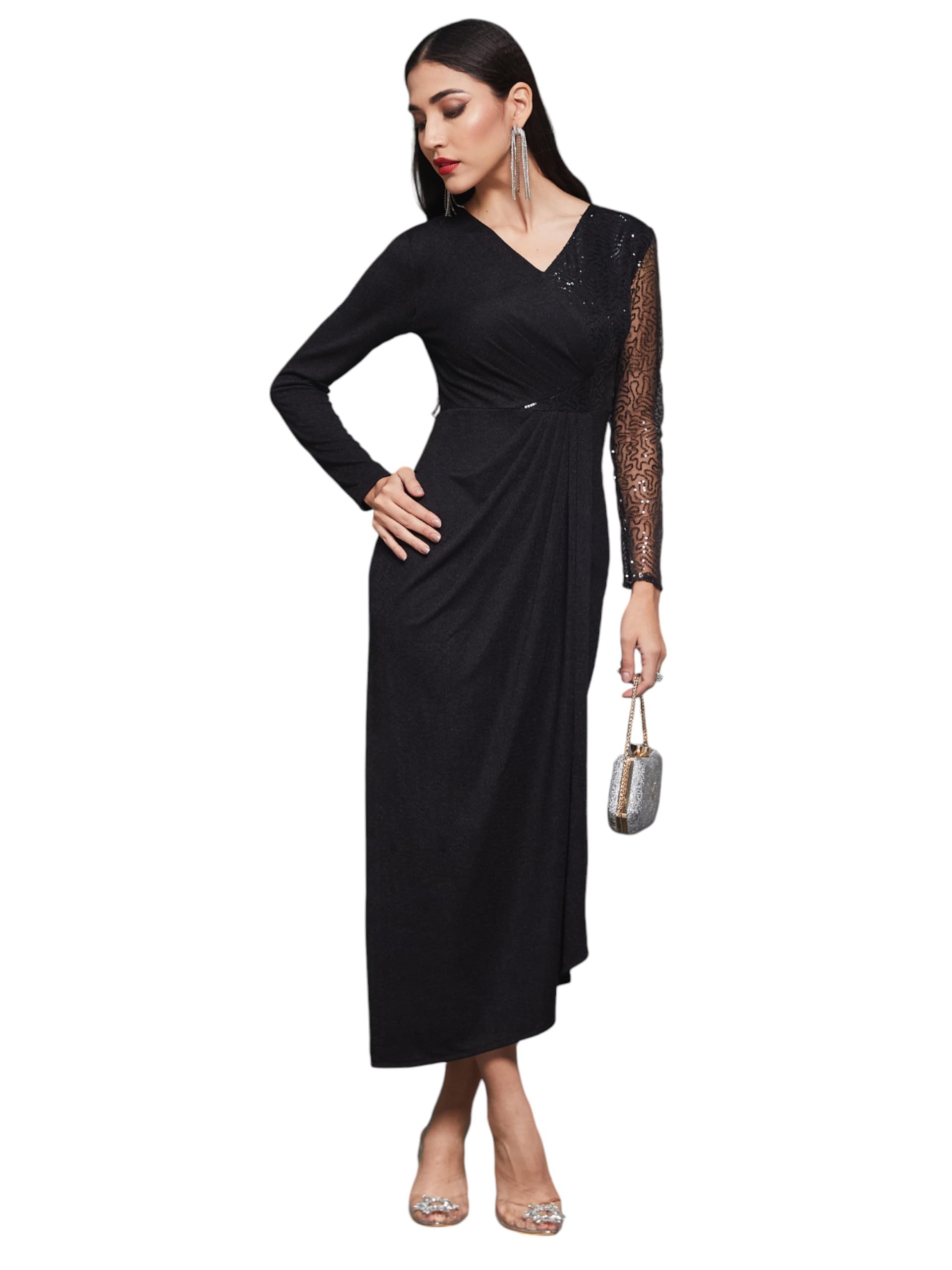 Miss Chase WomenS V-Neck Full Sleeve Dress (Mcaw23D13-86-62-06, Black, Xl)
