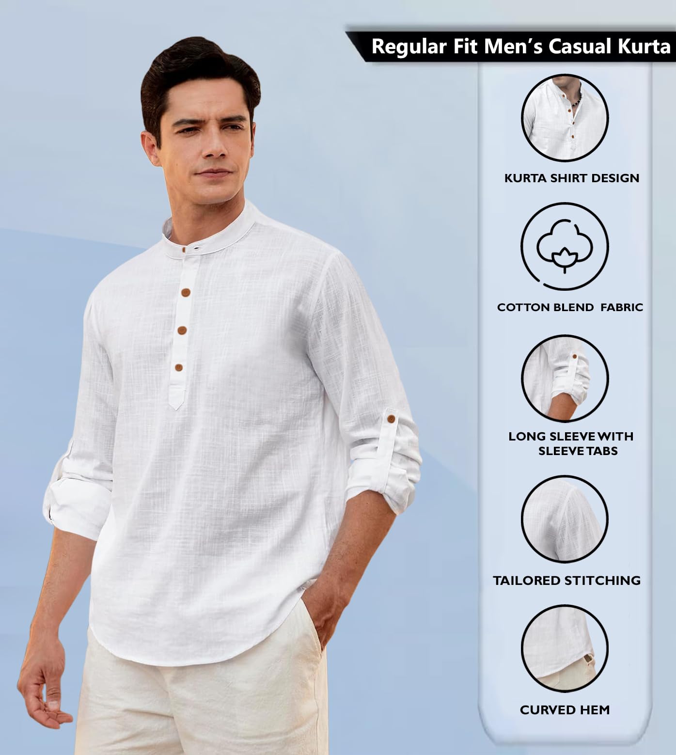 Zombom MenS Solid Cotton Blend Straight Kurta Shirt, Regular Fit Full Sleeve Short Kurta Shirt White