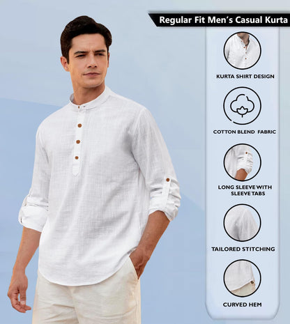 Zombom MenS Solid Cotton Blend Straight Kurta Shirt, Regular Fit Full Sleeve Short Kurta Shirt White