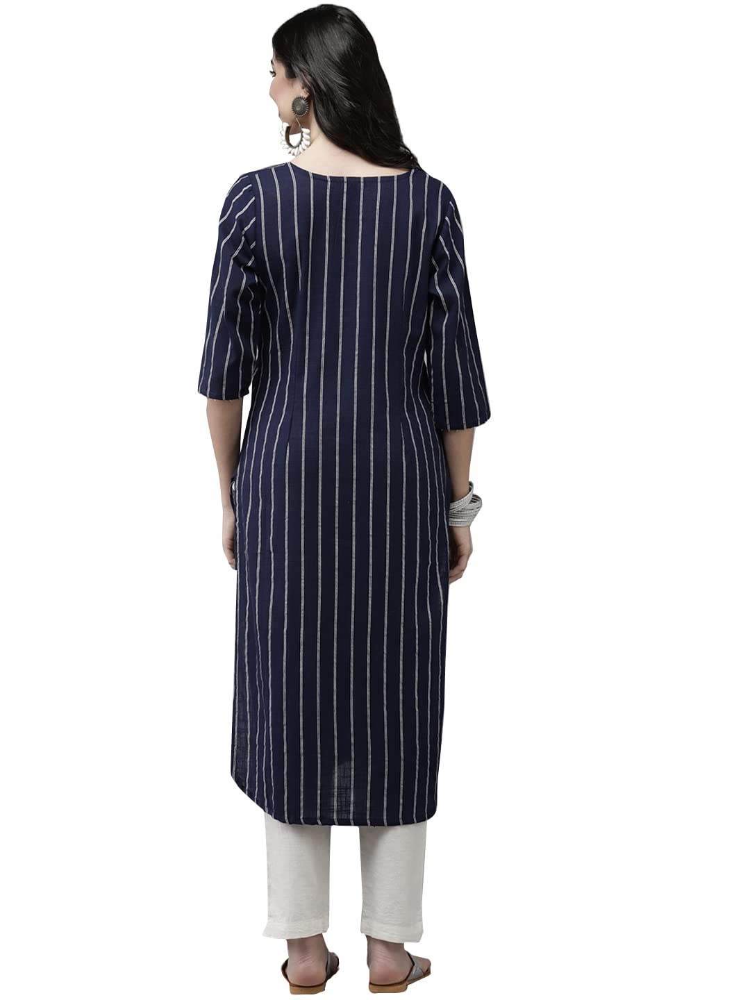 ishin Women's Cotton Pathani Embellished Beads and Stones Striped Print Navy Blue Kurti